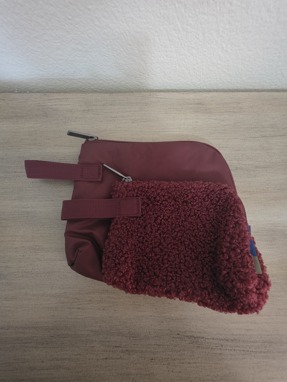 Womens Burgundy Sherpa Trim Pouch & Burgundy Water Proof Pouch Set Of 2